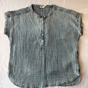 Faherty Brand Women Blue Gauze Cotton Henley Short Sleeve Shirt Top Size L
